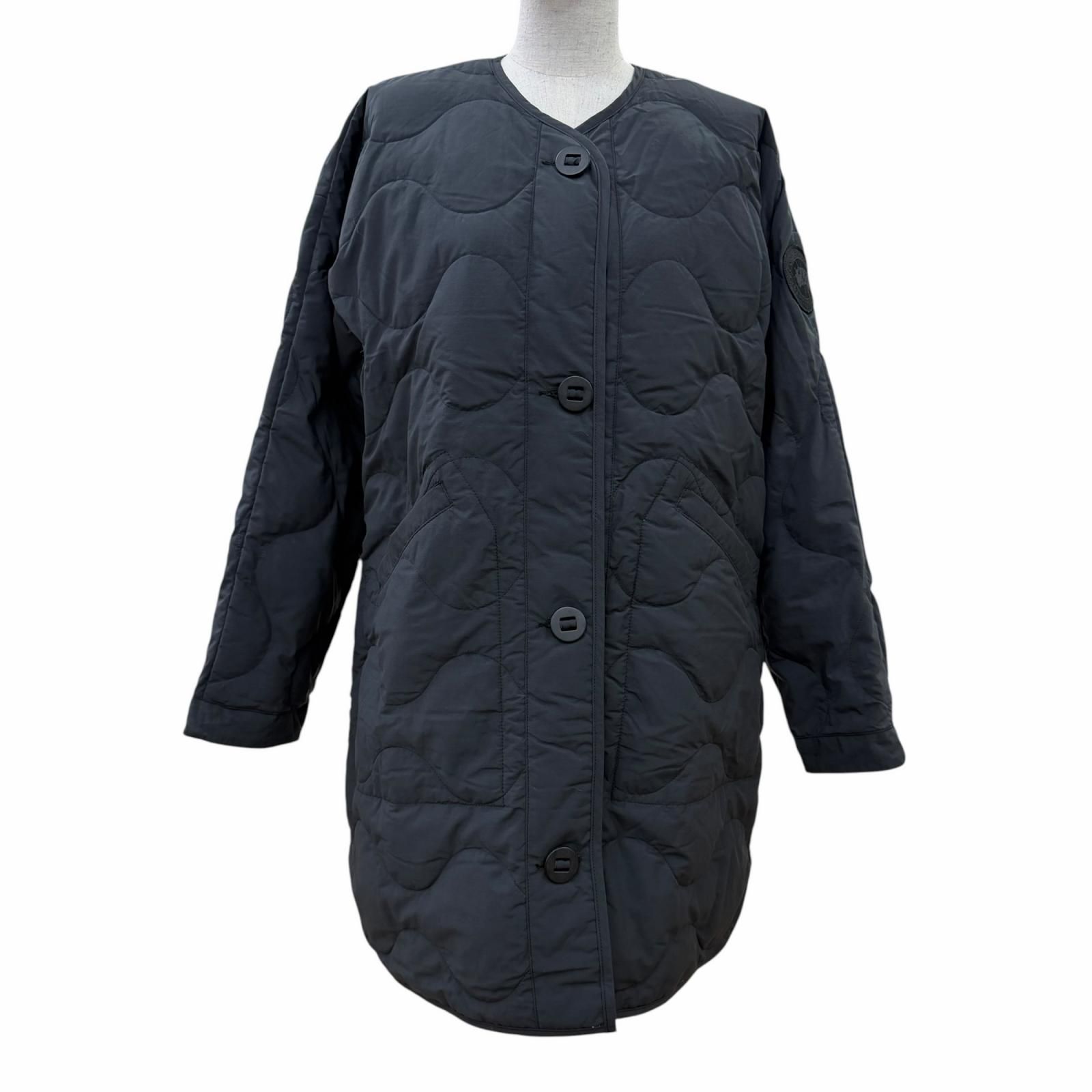 美品☆CANADA GOOSE カナダグース 3595W Meyfield コットン ロゴワッペン付 日本限定 キルティング ノーカラー ダウンコート ブラック XS 正規品 レディース