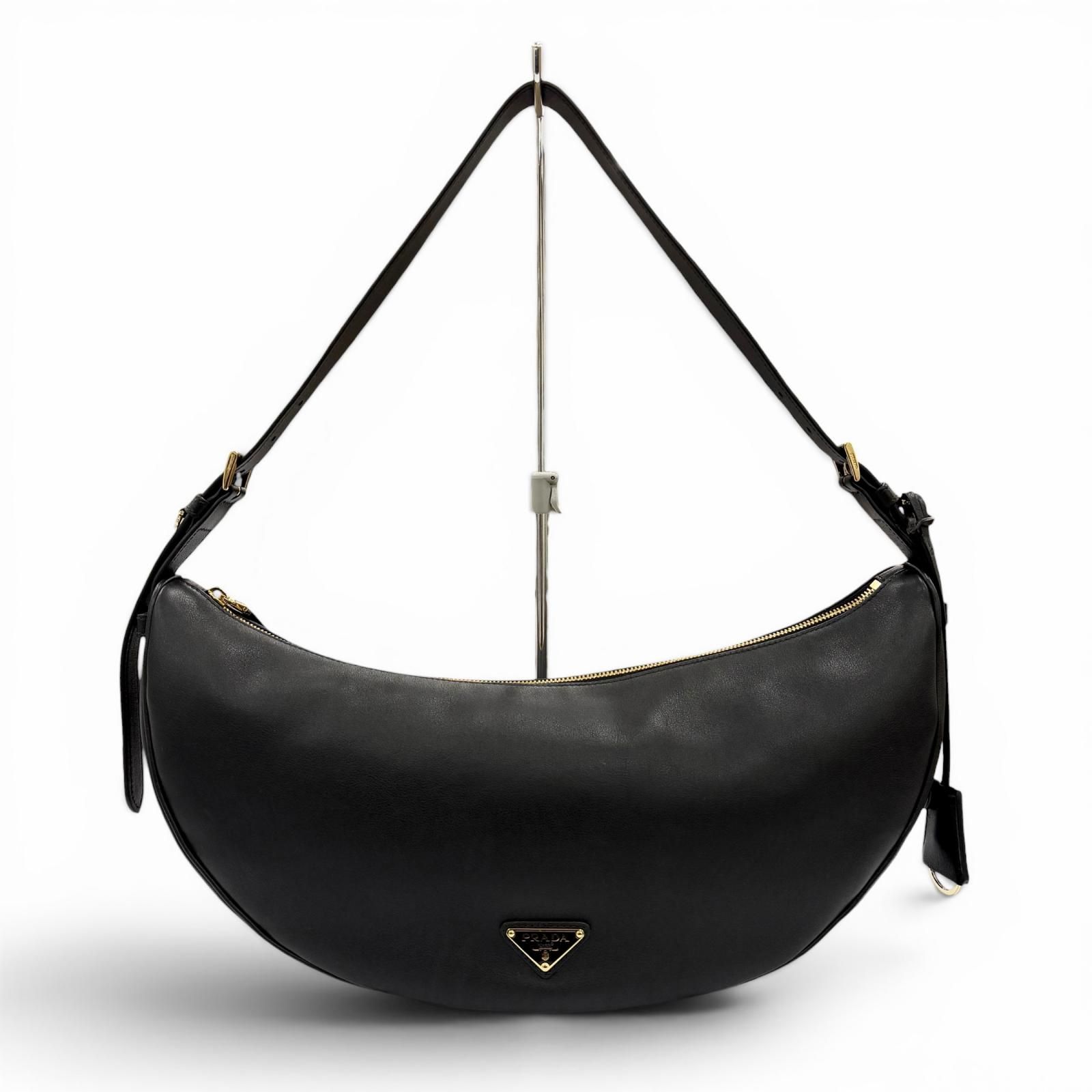 極美品◇PRADA プラダ 1BC255 ドゥミリュンヌ トライアングルロゴ レザー ショルダーバッグ ブラック イタリア製 レディース 保存袋付き