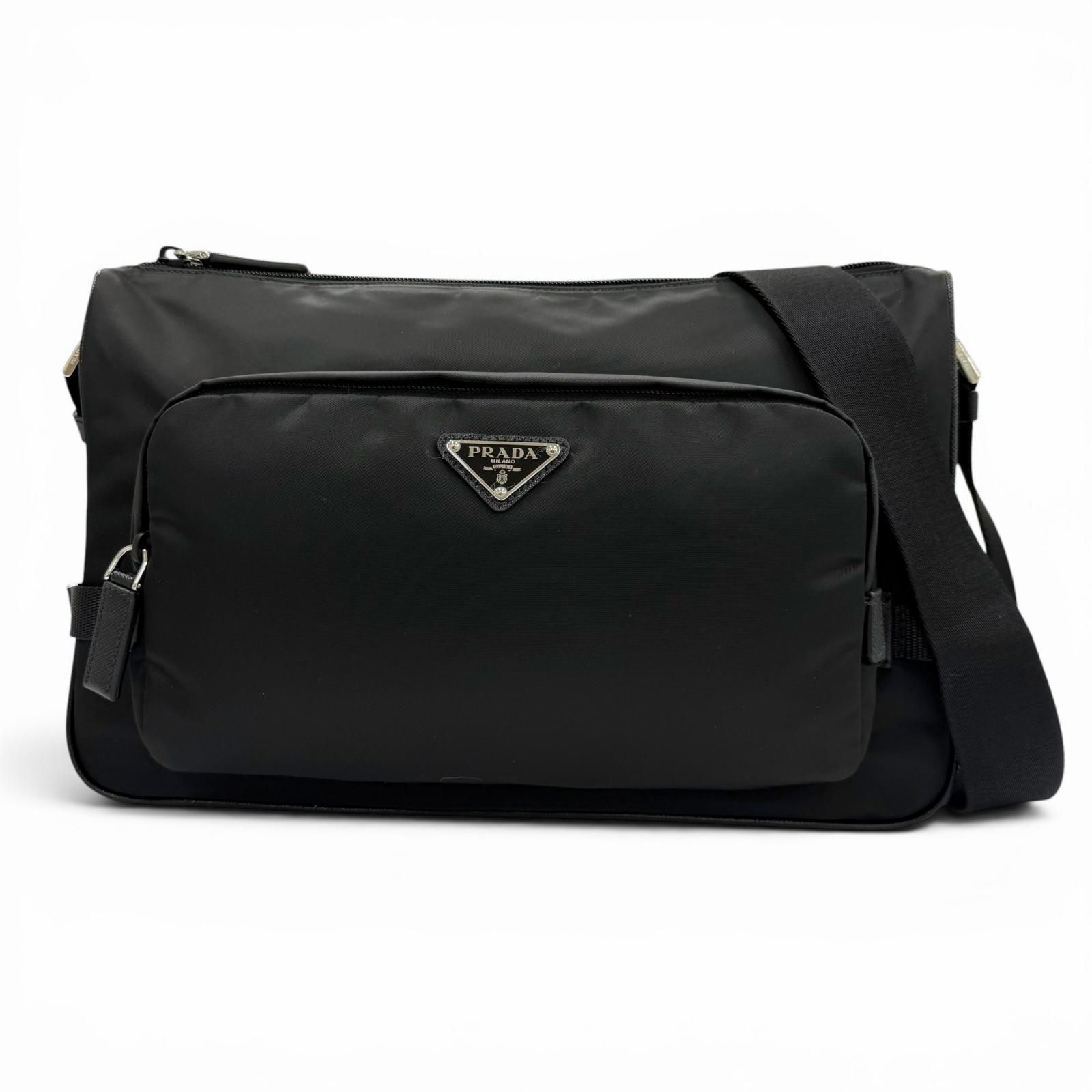 極美品▼PRADA プラダ 2VH191 ナイロン レザー トライアングルロゴ 三角プレート Re-Nylon ショルダーバッグ ブラック イタリア製 メンズ