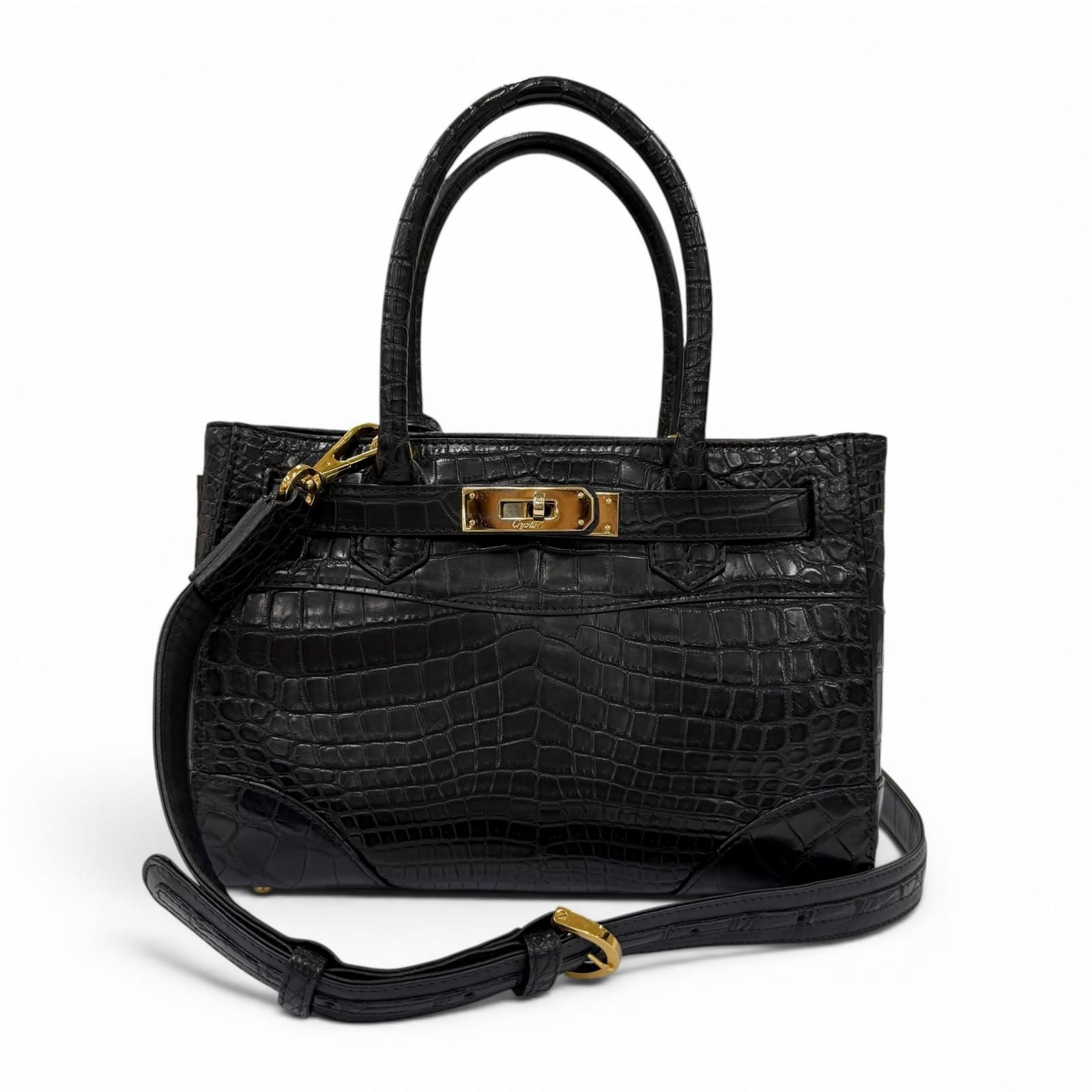美品☆LEATHER JEWELS レザージュエルズ クロコダイル JRAタグ付 2WAY ショルダーバッグ ハンドバッグ ブラック 日本製 レディース 保存袋付き