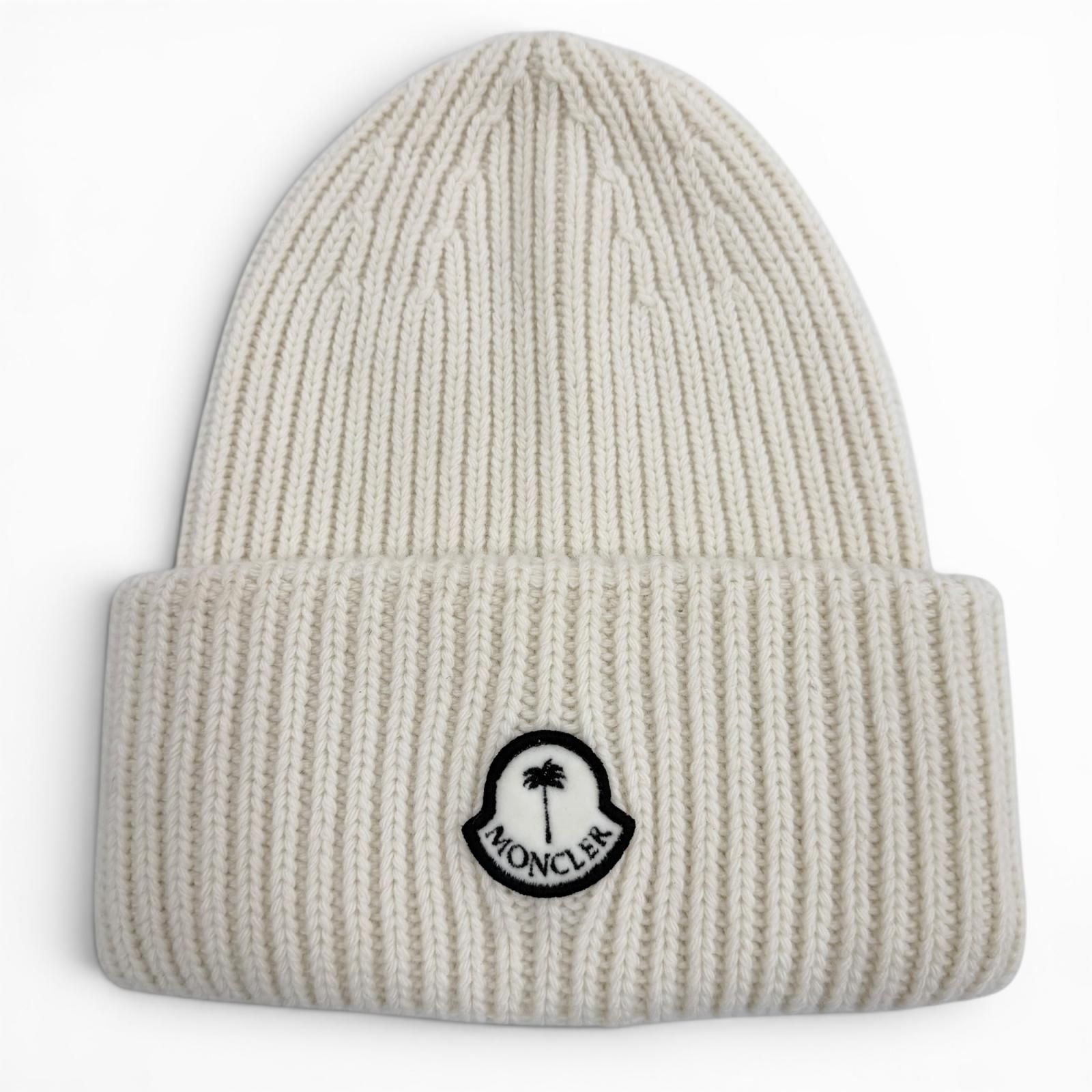 極美品▼MONCLER GENIUS 8 Palm Angels モンクレール ジーニアス 8 パーム エンジェルス ウール100% ワッペン付き 帽子 ニットキャップ アイボリー ブルガリア製 正規品 メンズ 19,596円