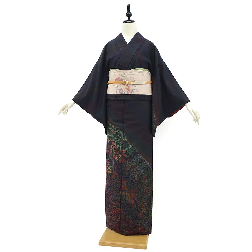 中古】 前田仁仙 平紬 訪問着 着物 正絹 袷 工芸染色作家 落款 濃紫 黒