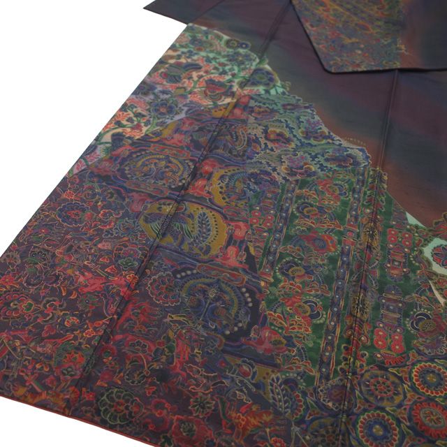 中古】 前田仁仙 平紬 訪問着 着物 正絹 袷 工芸染色作家 落款 濃紫 黒