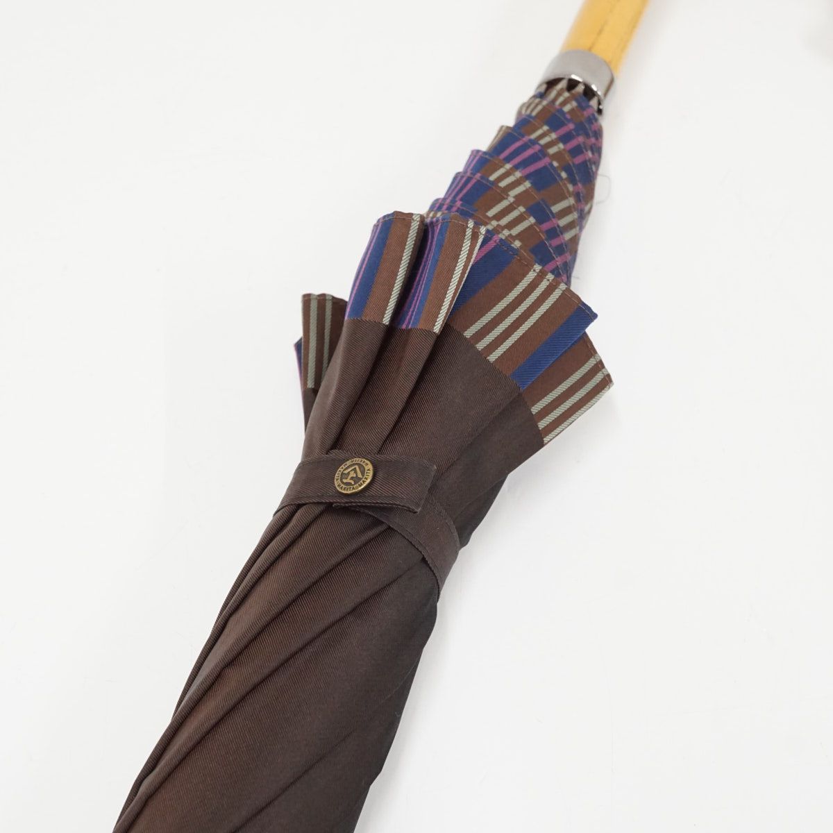 傘 槇田商店 USED品 Tie Plain×Stripe 甲州織 高級 木製手元 ブラウン
