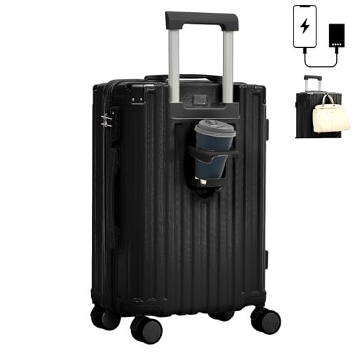 [JOYME] スーツケース USBポート付き(機内持込 / 1-4泊) 様々な機能で快適な旅行をサポート (カップホルダー付き/フック機能/TSAロック/収納力◎ / 軽量/静音) 国内線 国際線 キャリーケース キャリーバッグ (ブラック da49c4eb