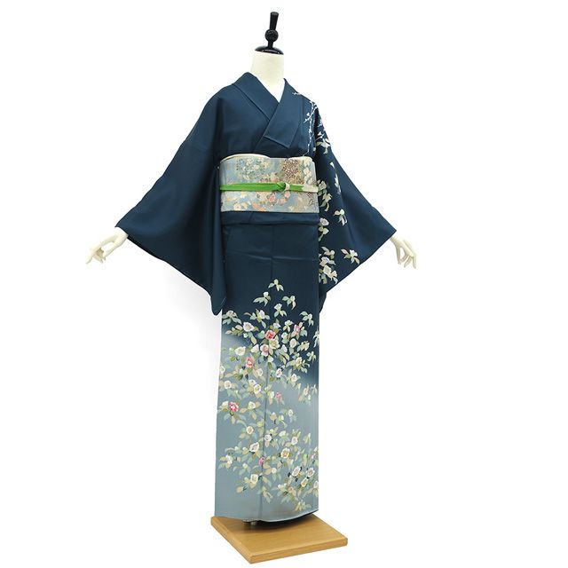 新古品】 訪問着 着物 手描き友禅 金彩加工 正絹 褐返色 ブルーグレー
