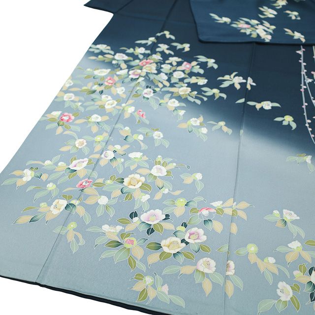 新古品】 訪問着 着物 手描き友禅 金彩加工 正絹 褐返色 ブルーグレー