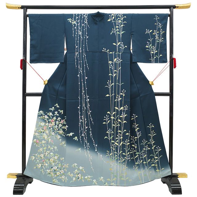 新古品】 訪問着 着物 手描き友禅 金彩加工 正絹 褐返色 ブルーグレー