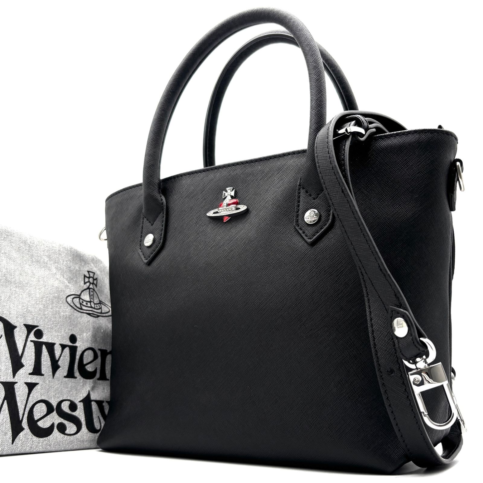 未使用に近い Vivienne Westwood ヴィヴィアンウエストウッド サフィアーノ 2way ハンドバッグ ショルダーバッグ 斜め掛け ブラック 黒 レザー オーブ 夏のボーナス ご褒美 夏休み 旅行