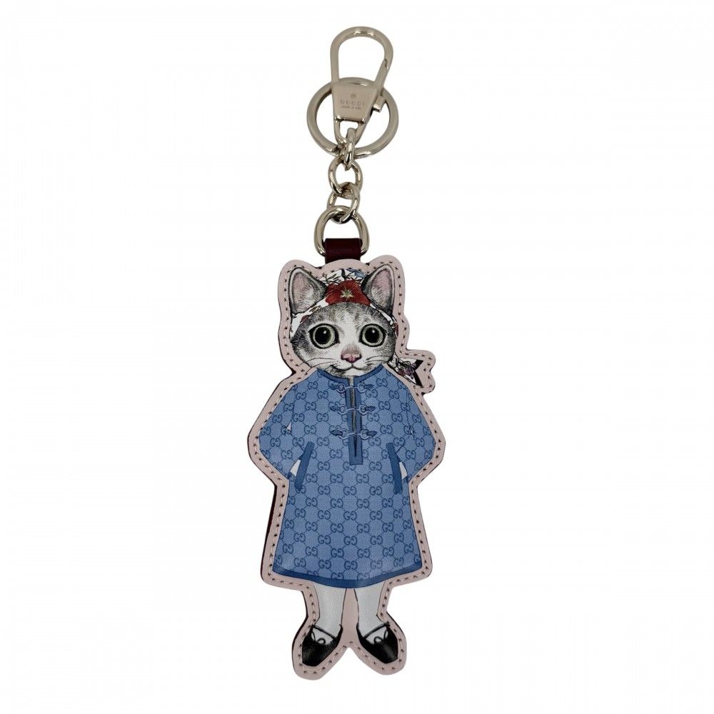 グッチ キーリング レディース ヒグチユウココラボ キーホルダー チャーム 猫 アクセサリー GGスプリーム GUCCI 851743 レザー ブルー 青 ピンク ゴールド金具 美品【中古品】