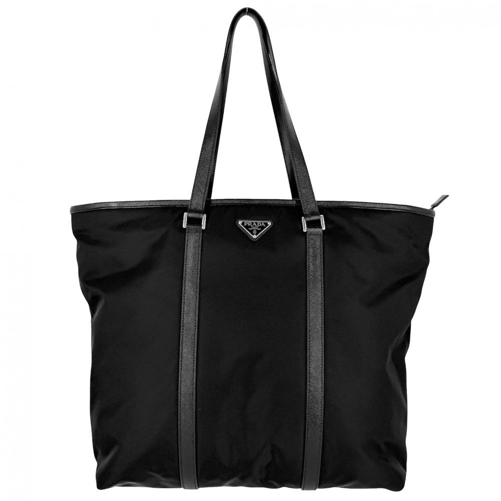プラダ トートバッグ ユニセックス トライアングルロゴ Re-Nylon ハンドバッグ 肩掛け PRADA レザー ブラック 黒 シルバー金具 美品【中古品】