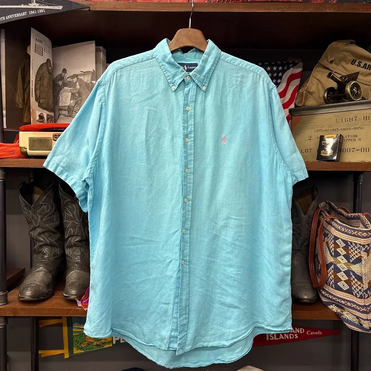 00s POLO RALPH LAUREN(ポロラルフローレン) Classic ピュアリネン ボタンダウン 半袖 シャツ スカイブルー N1407