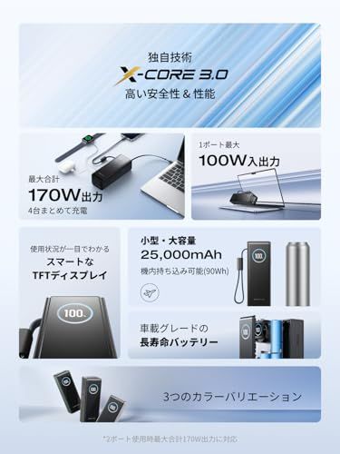 【新品】EcoFlow RAPID 25000mAh 170W 【USB-Cケーブル内蔵/大容量/小型/急速充電/３台同時充電/TFTディスプレイ/長寿命/過熱保護/持ち運びやすい/機内持ち込み/出張/旅行】 （ブラック） 9b7bf785
