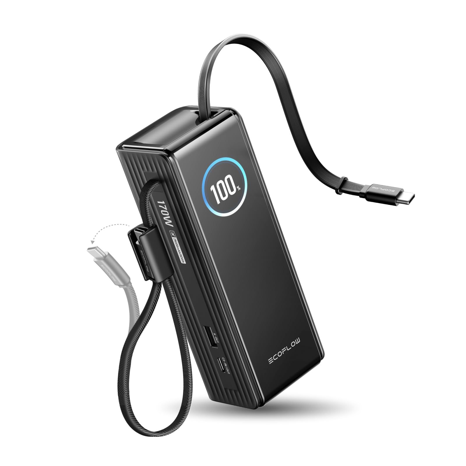 【新品】EcoFlow RAPID 25000mAh 170W 【USB-Cケーブル内蔵/大容量/小型/急速充電/３台同時充電/TFTディスプレイ/長寿命/過熱保護/持ち運びやすい/機内持ち込み/出張/旅行】 （ブラック） 9b7bf785