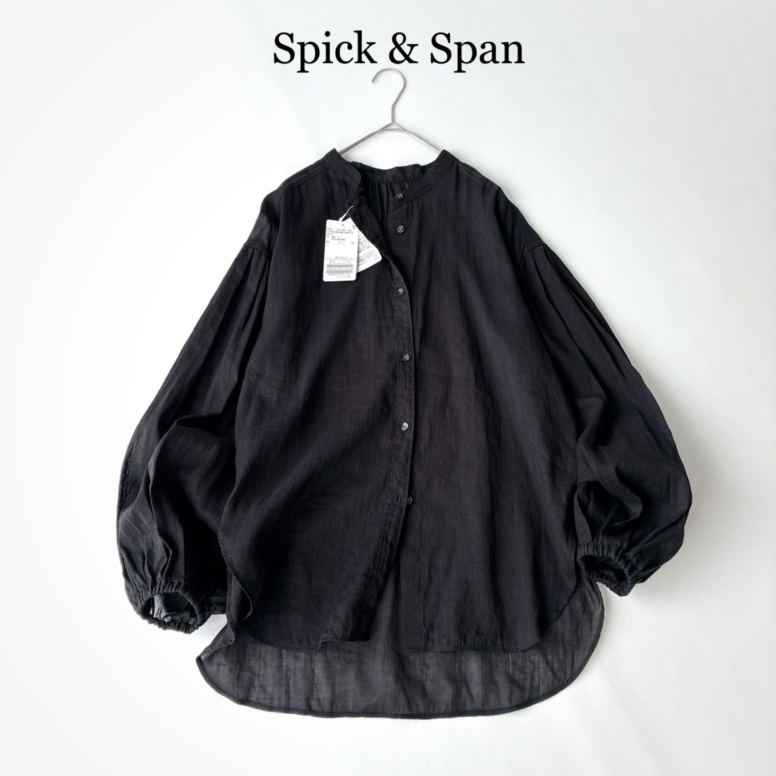 タグ付 2025 Spick & Span ラミーコットン バルーンスリーブ シャツ / ブラック 黒 フリーサイズ / 近年モデル 春 夏 ゆったり バルーンスリーブ ぽわん袖 バンドカラー シアーシャツ 長袖 麻 綿 スピックアンドスパン 8,400円