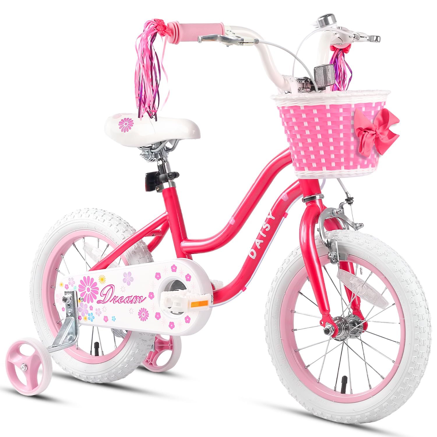 新品 【Glerc】DAISY子供用自転車 可愛い女の子自転車 プリンセス気分 補助輪付き/前カゴ付き/ハンドル飾り付き 14インチ レッド