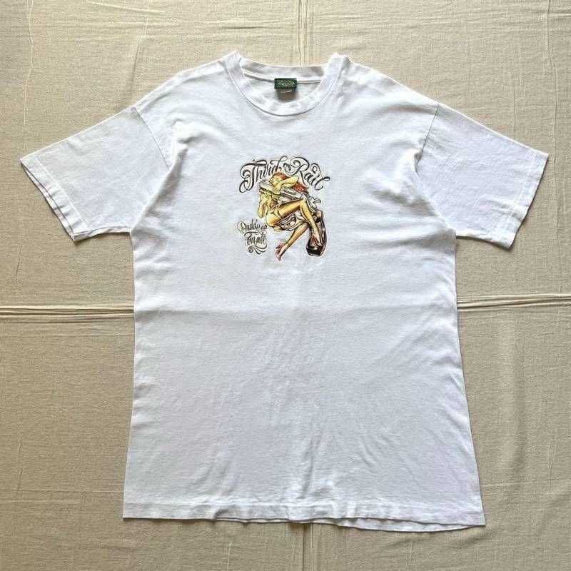 90s　vintage　MADE IN USA　アメリカ製　Third Rail　サードレール　ピンナップガール　ピストル　銃　両面ロゴ　背面刺繍タグ　アートグラフィック　白T　エロTシャツ　シングルステッチ　ビッグサイズ　ストリート　pinup girl-T