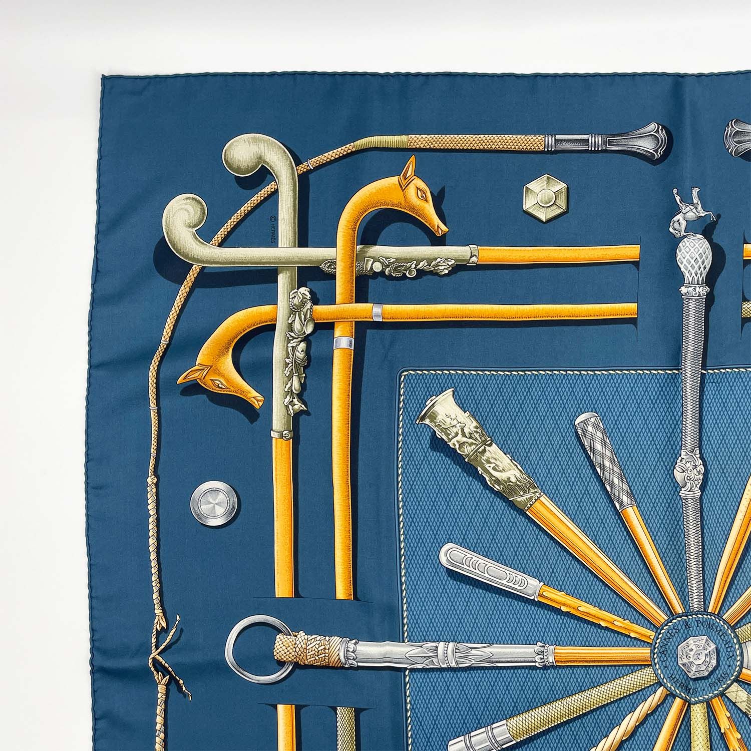 HERMES エルメス カレ90 CANNES & POMMEAUX ステッキ柄 シルクスカーフ