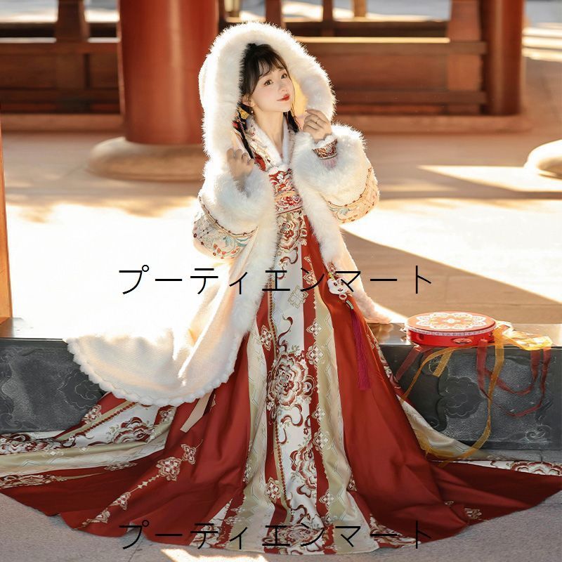 人気商品 冬季漢服 唐制齊胸襦裙セット レッド＆ホワイト 毛皮マント付き 拜年服 新年用 高品質 中華風デザイン イベント・撮影会に最適