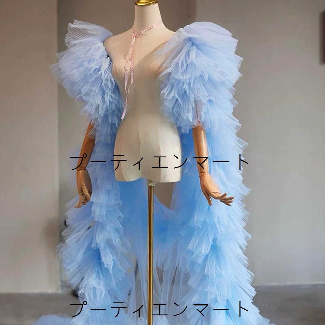 人気商品 25年新作 フリルスリーブがゴージャスなソフトチュールのロングショール