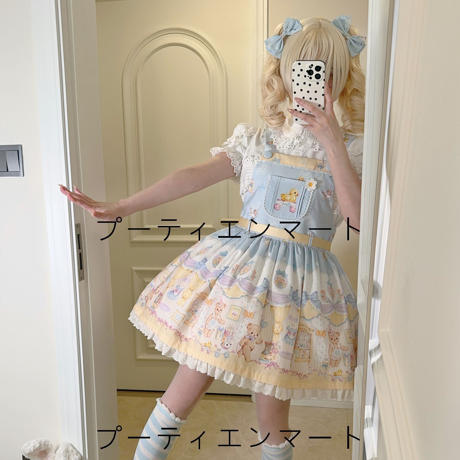 人気商品 ロリータ くまモチーフ コスプレ衣装 高腰甘ロリデザイン ジャンパースカート 豪華3点セット（ジャンパースカート＋リボン＋ヘッドアクセサリー） 撮影会 舞台演出 推し活 ハロウィン プレゼントにも最適