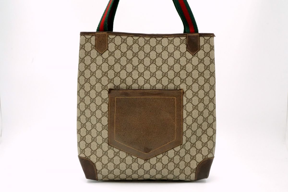 オールド グッチ ヴィンテージ シェリー セミ ショルダー ハンドバッグ トート 0222 GGプラス PVCキャンバス 茶 ブラウン GUCCI 6611h
