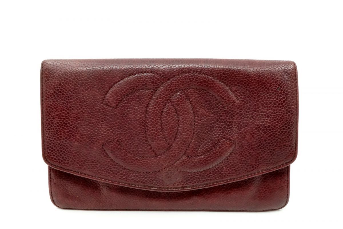 シャネル 二つ折り 長財布 サイフ ココマーク CCロゴ カード 小銭 札入れ キャビアスキン レザー ボルドー CHANEL 6618k