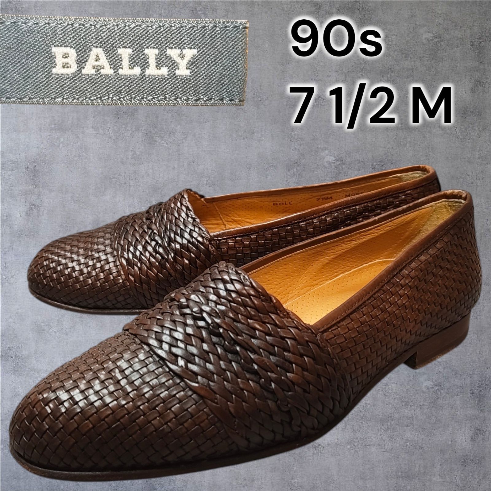 1990s BALLY イタリア製極上美品 高級本革メンズ編み込み イントレチャート レザーローファー 紳士靴 革靴 スリッポン 茶 ダークブラウン ビジネスドレス カジュアル 希少ヴィンテージ BOLL vintage shoes 25.5cm相当