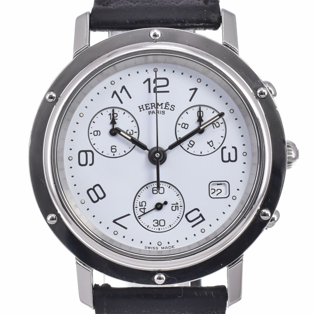 ベルト訳あり エルメス HERMES CL1.910 クリッパー クロノグラフ ホワイト クォーツ メンズ 内箱付き 腕時計 J#147968