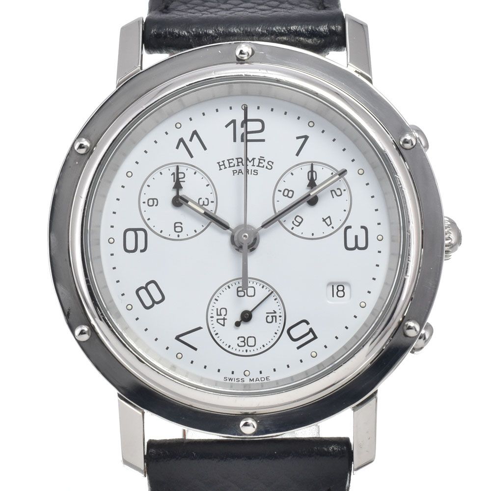 エルメス HERMES CL1.910 クリッパー クロノグラフ ホワイト クォーツ メンズ 腕時計 J#146724