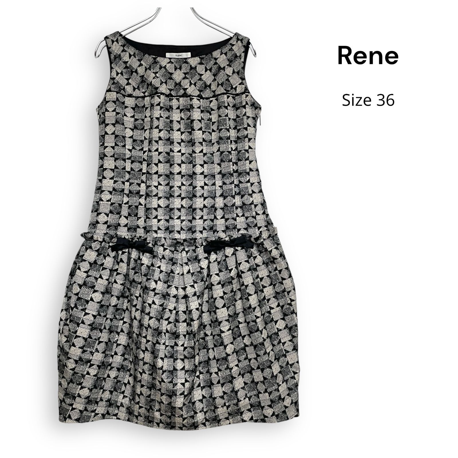 Rene ルネ ジャガード リボン ノースリーブ フレア ワンピース Size36