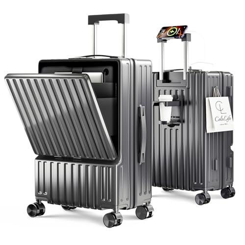 [ColoLife] スーツケース フロントオープン 多機能 キャリーケース 機内持ち込み 前開き 軽量 カップホルダー付き 隠しフック機能 キャリーバッグ USB+Type C充電機能 携帯スタンド TSAロック搭載 耐衝撃 静音 360度 12c42ff7