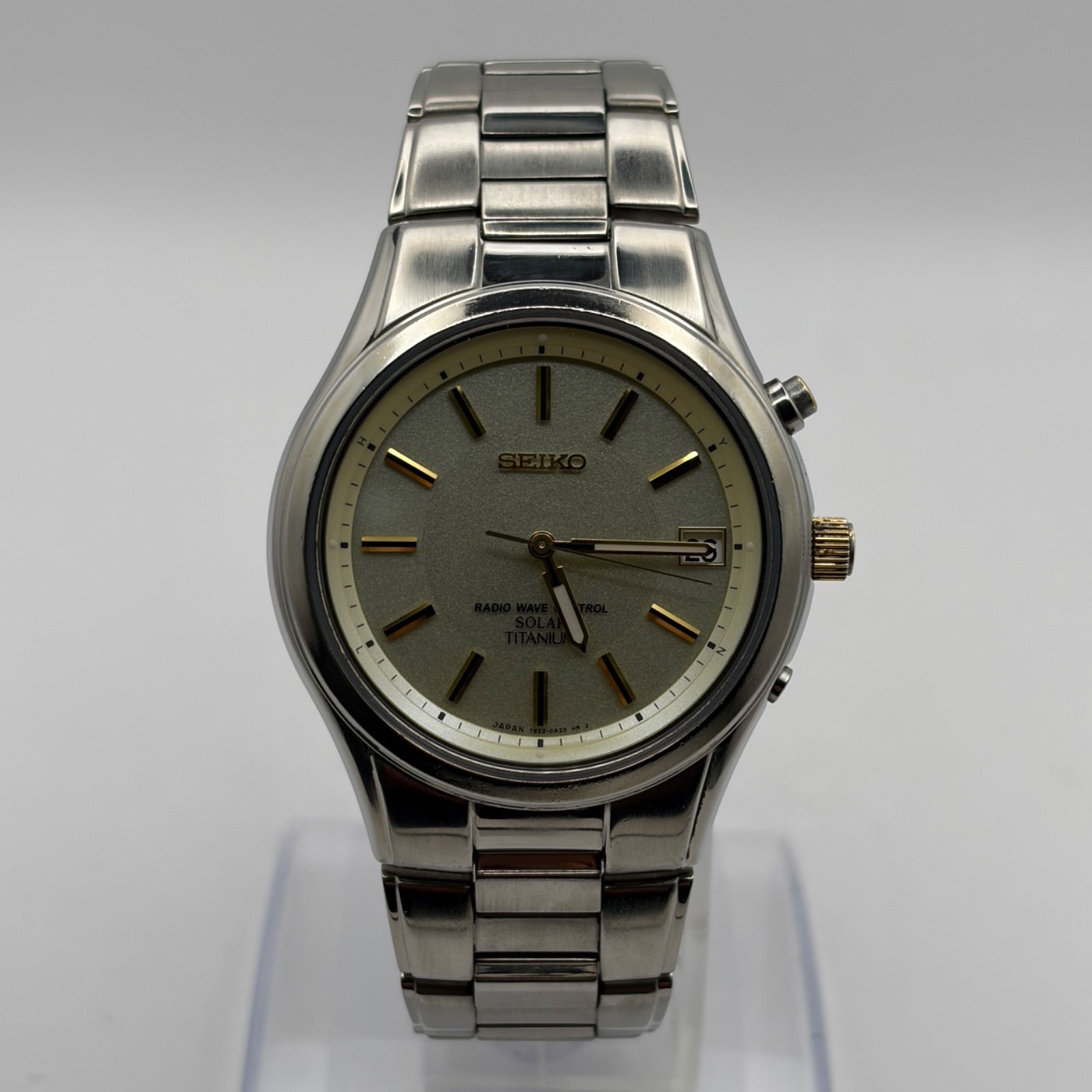 （T853）希少！良品 正常稼働【渡辺力氏デザイン】SEIKO セイコー 電波ソーラー SPIRIT スピリット TITANIUM SBTM170 7B22-0AD0 シャンパンゴールド 人気 時計 メンズ ユニセックス