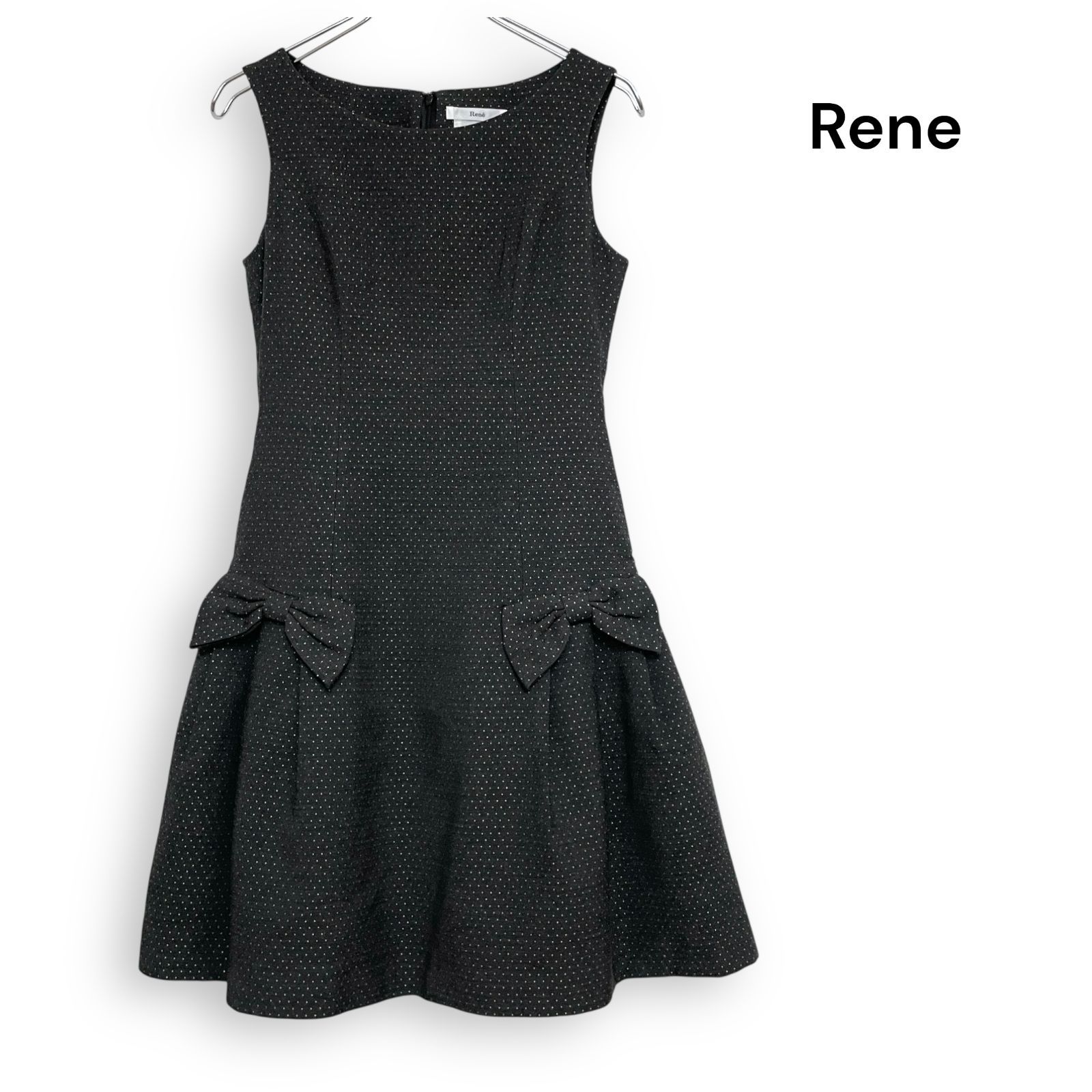 Rene ルネ ドット リボン ノースリーブ フレア ワンピース Size36