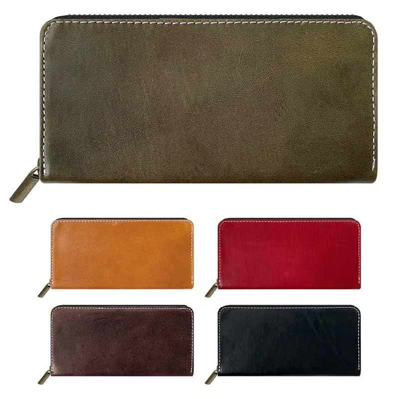 【新品】 [leo&aoi] 長財布 本革 馬革 ラウンド型 財布 ラウンドファスナー サイフ さいふ ロングウォレット ウォレット 革 レザー ホースレザー ヌメ革 馬ヌメ クラシック オリーブ