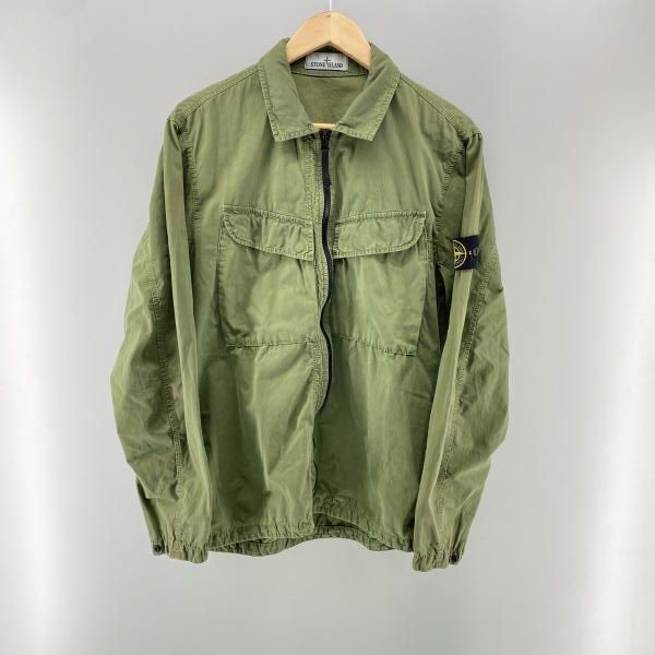 【中古】STONE ISLAND 22AW Brushed Cotton Canvas Zip Overshirt オリーブ L　ストーンアイランド[24]
