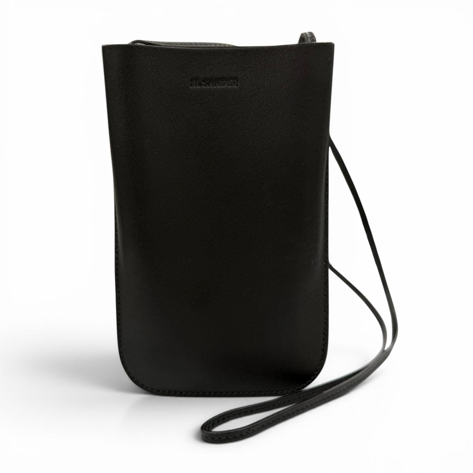美品◇JIL SANDER ジルサンダー GIRO PHONE CASE ロゴプリント レザー ショルダー 携帯ケース フォンポーチ ブラック イタリア製 レディース