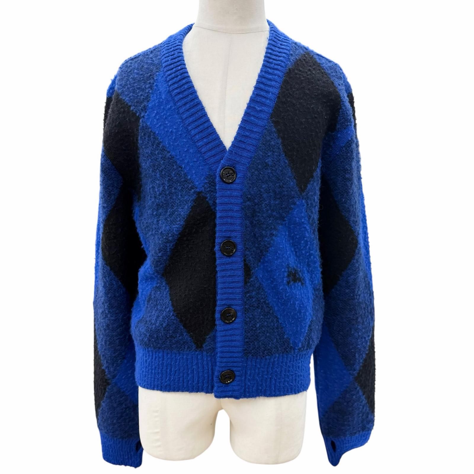 未使用品▼BURBERRY バーバリー 8077754 Argyle Check ウール100% アーガイル柄 Vネック カーディガン ブルー ブラック M イタリア製 正規品 メンズ