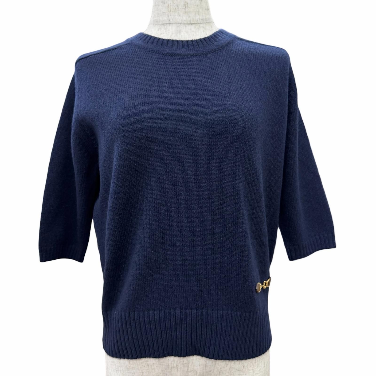 極美品△GUCCI グッチ 22SS 628389 カシミヤ100％ ホースビット付き クルーネック 七分袖 ニット セーター ネイビー S イタリア製 正規品 レディース 保存袋付き オススメ◎