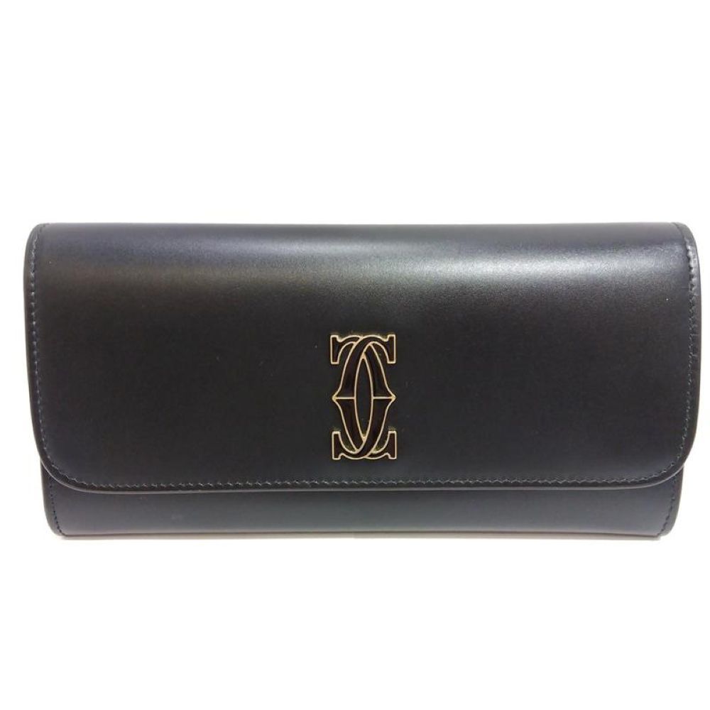 カルティエ Cartier C ドゥ カルティエ フラップ付き インターナショナル ウォレット 長財布 カーフ L3001852 ブラック【中古】