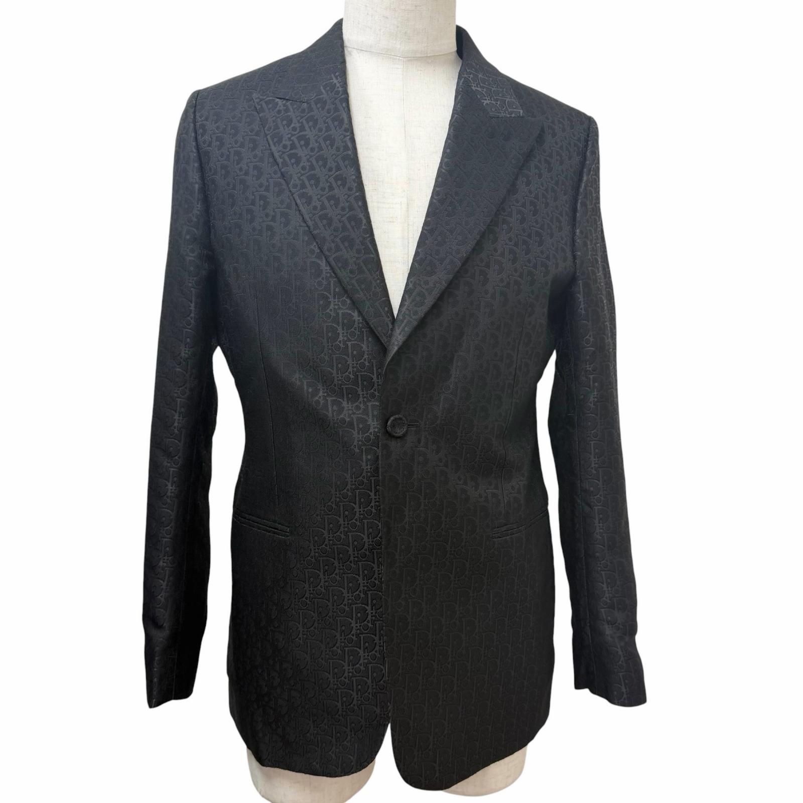 極美品□DIOR ディオール オム 933C222B5051 シルク混 オブリーク総柄 シングル テーラードジャケット ブラック 46 イタリア製 正規品 メンズ