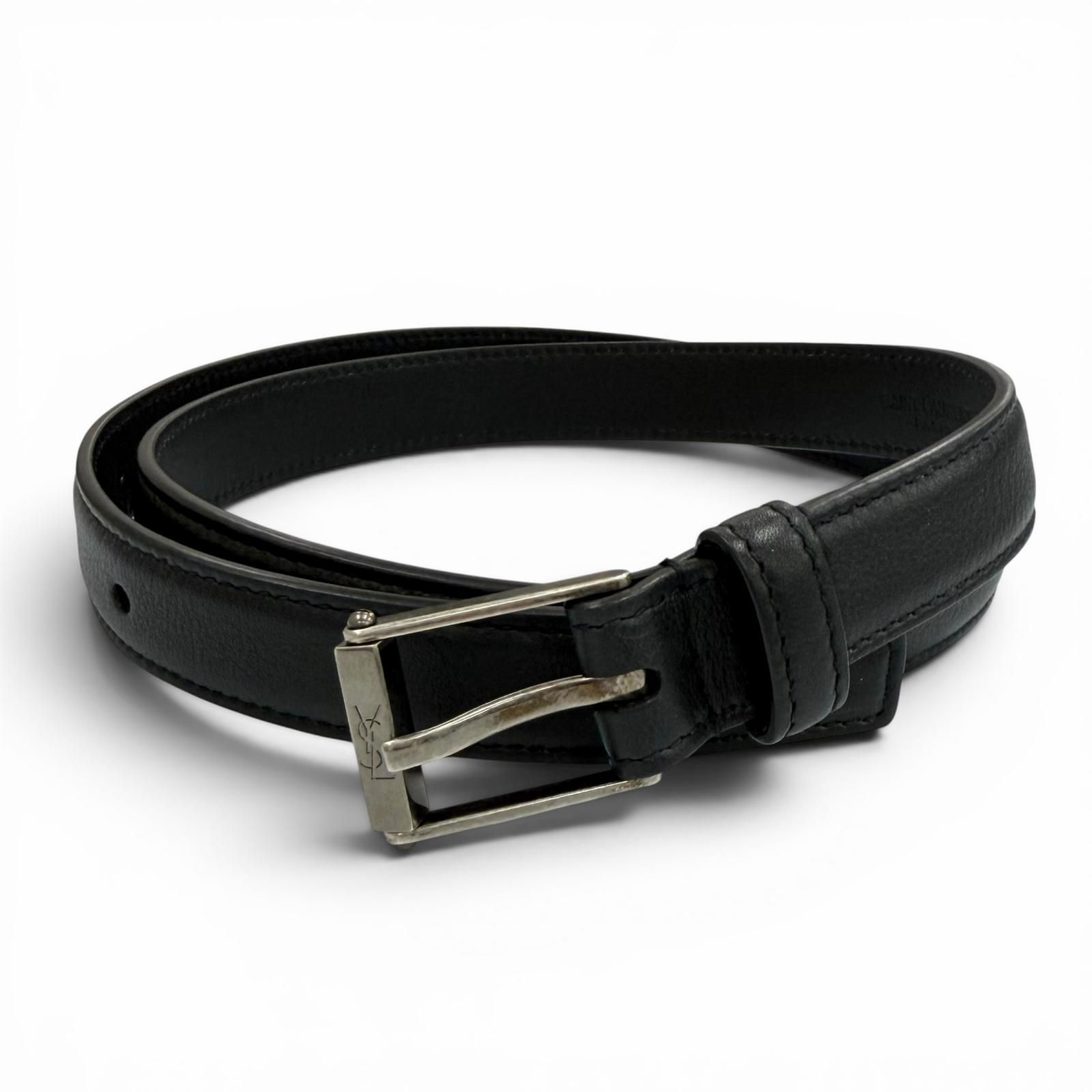 極美品★SAINT LAURENT サンローラン 479388 ナローベルト くすみ加工 YSLロゴ レザー ベルト ブラック イタリア製 レディース