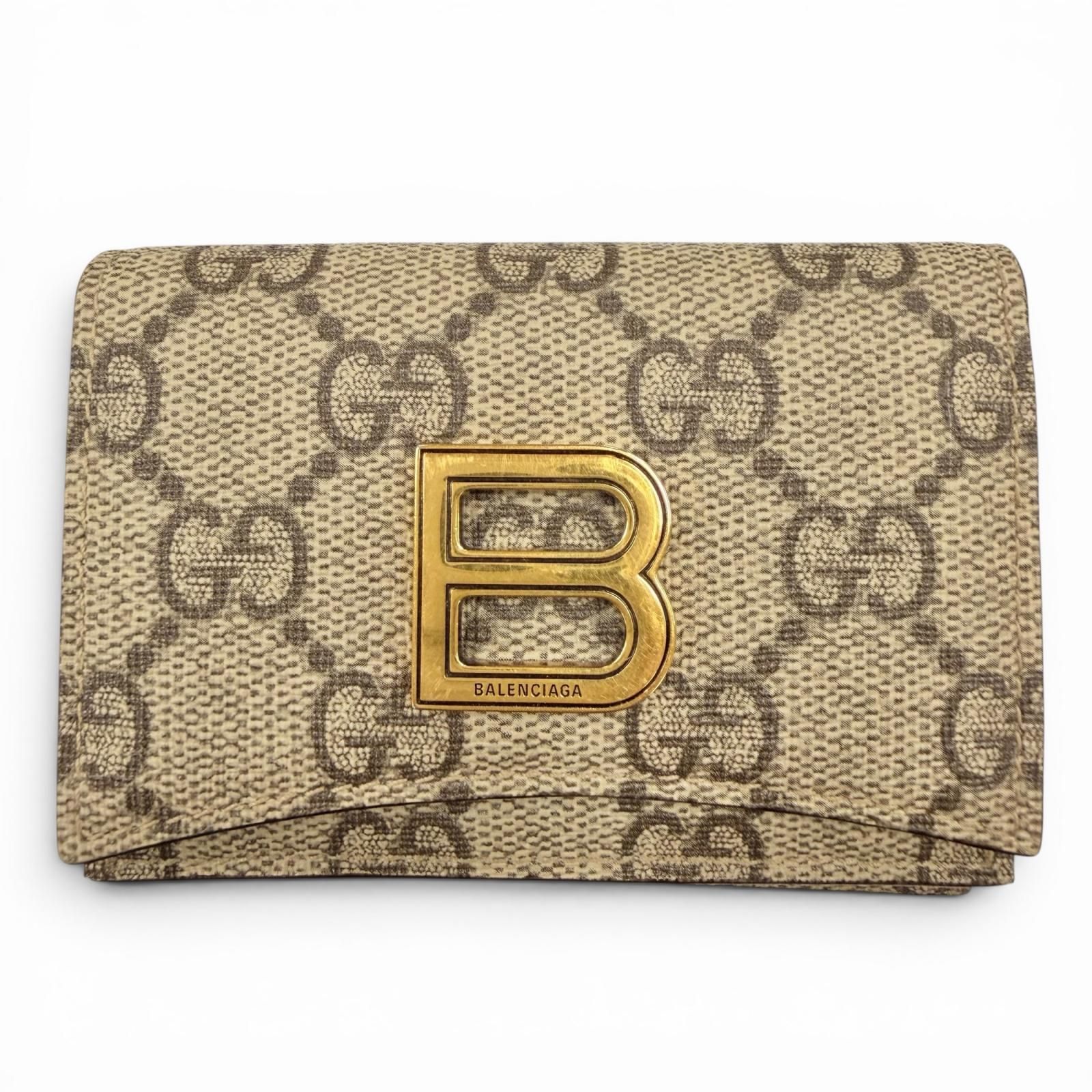 美品◇GUCCI×BALENCIAGA グッチ×バレンシアガ 681700 GGスプリームキャンバス ザ ハッカー プロジェクト ロゴプレート付 コンパクトウォレット 三つ折り財布 ベージュ ブラウン ゴールド金具 イタリア製 レディース 保存袋付き