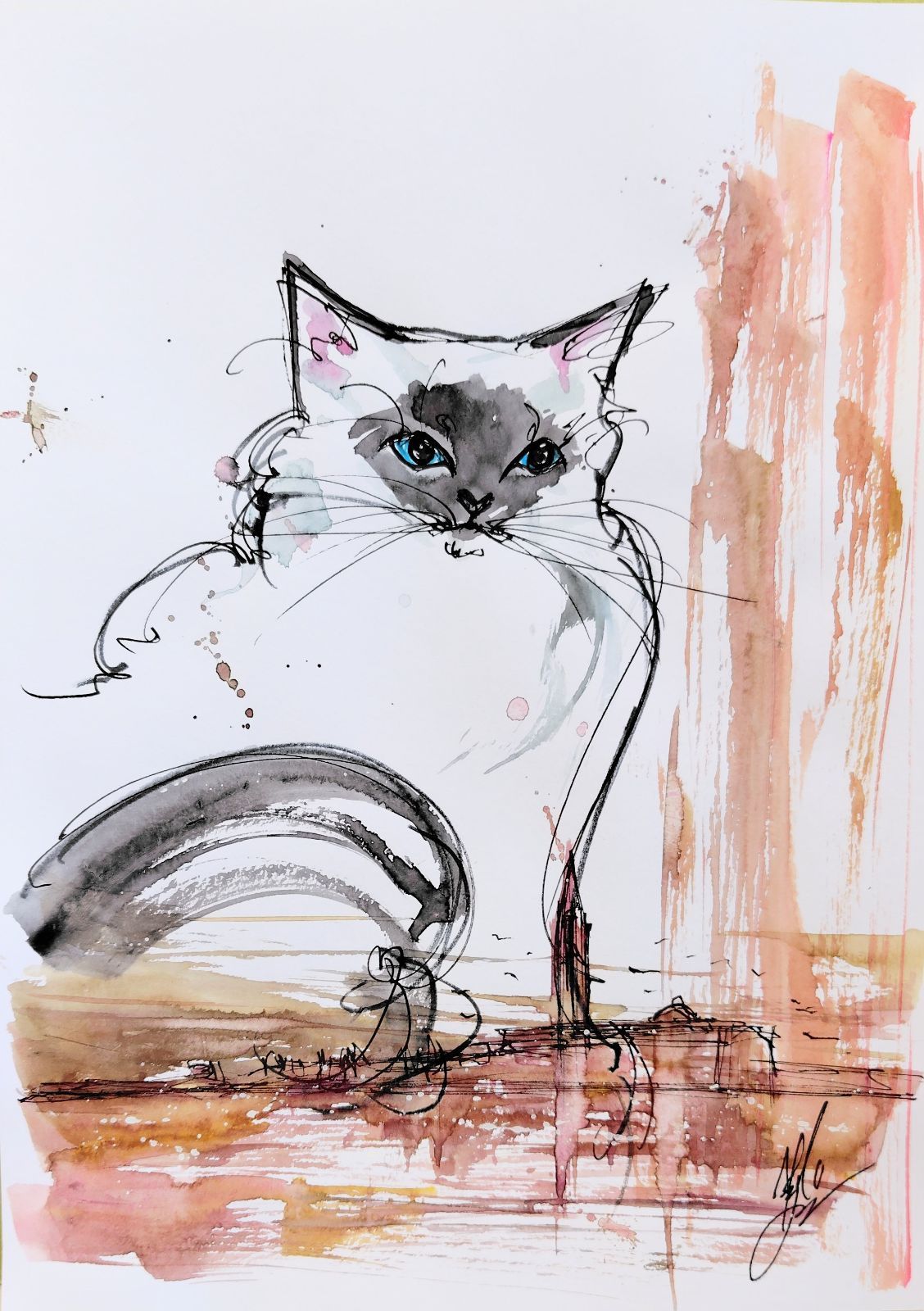 原画#535 猫 夕暮れ ベネチア イタリア 水彩画 ドローイング アート