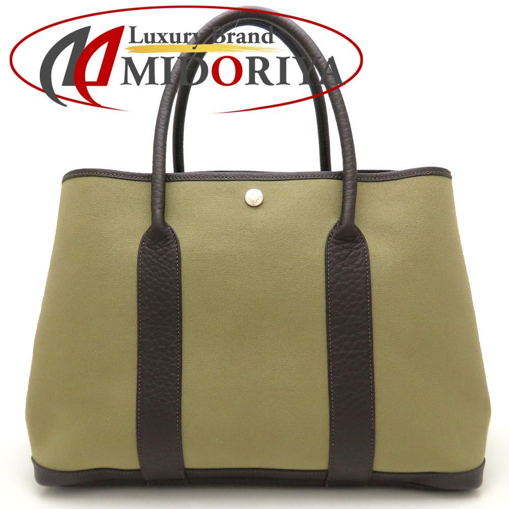 HERMES エルメス ガーデンパーティPM ハンドバッグ T刻印 2015年 ブッフルxトワルオフィシエ カーキ ダークブラウン レディース/353301【中古】