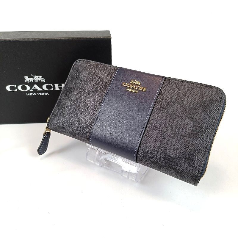 ほぼ未使用 COACH コーチ 長財布 ラウンドファスナー シグネチャー ネイビー系 箱付 美品 レディース