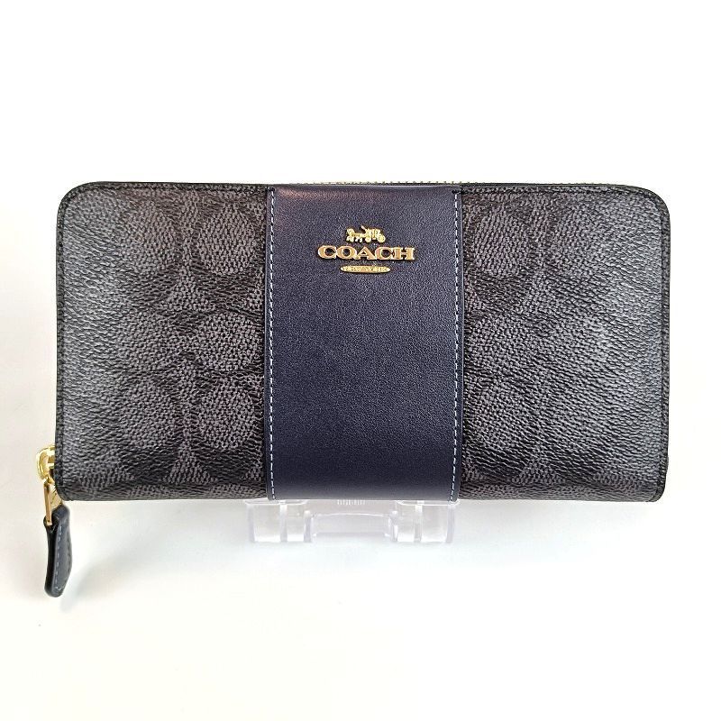 ほぼ未使用 COACH コーチ 長財布 ラウンドファスナー シグネチャー ネイビー系 箱付 美品 レディース