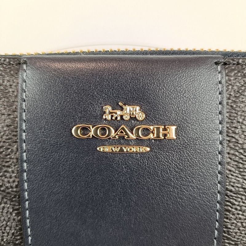 ほぼ未使用 COACH コーチ 長財布 ラウンドファスナー シグネチャー ネイビー系 箱付 美品 レディース