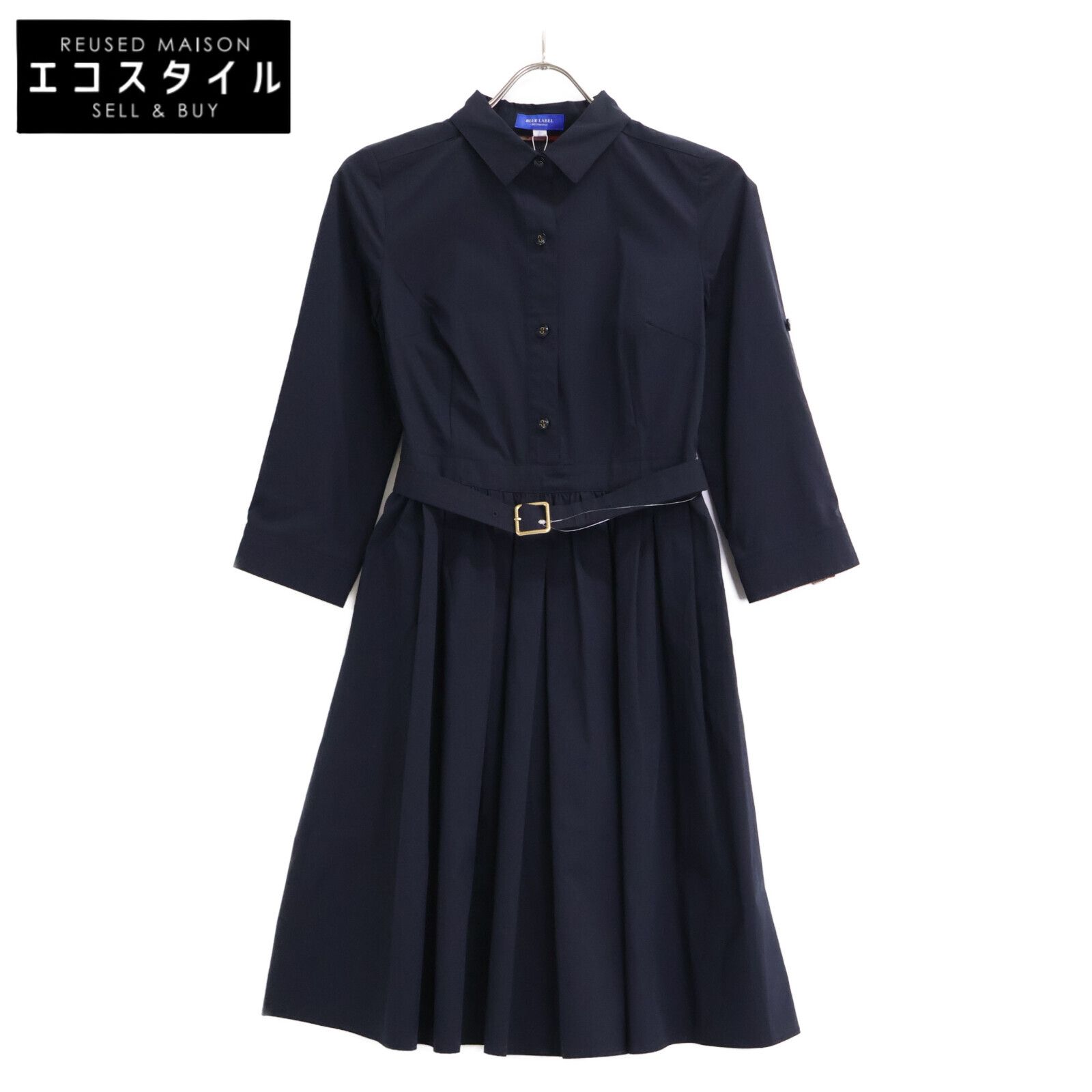 BLUE LABEL CRESTBRIDGE　ブルーレーベルクレストブリッジ　55J31-569-29 ネイビー コットン混 チェックスリーブ ベルテッドシャツワンピース　36