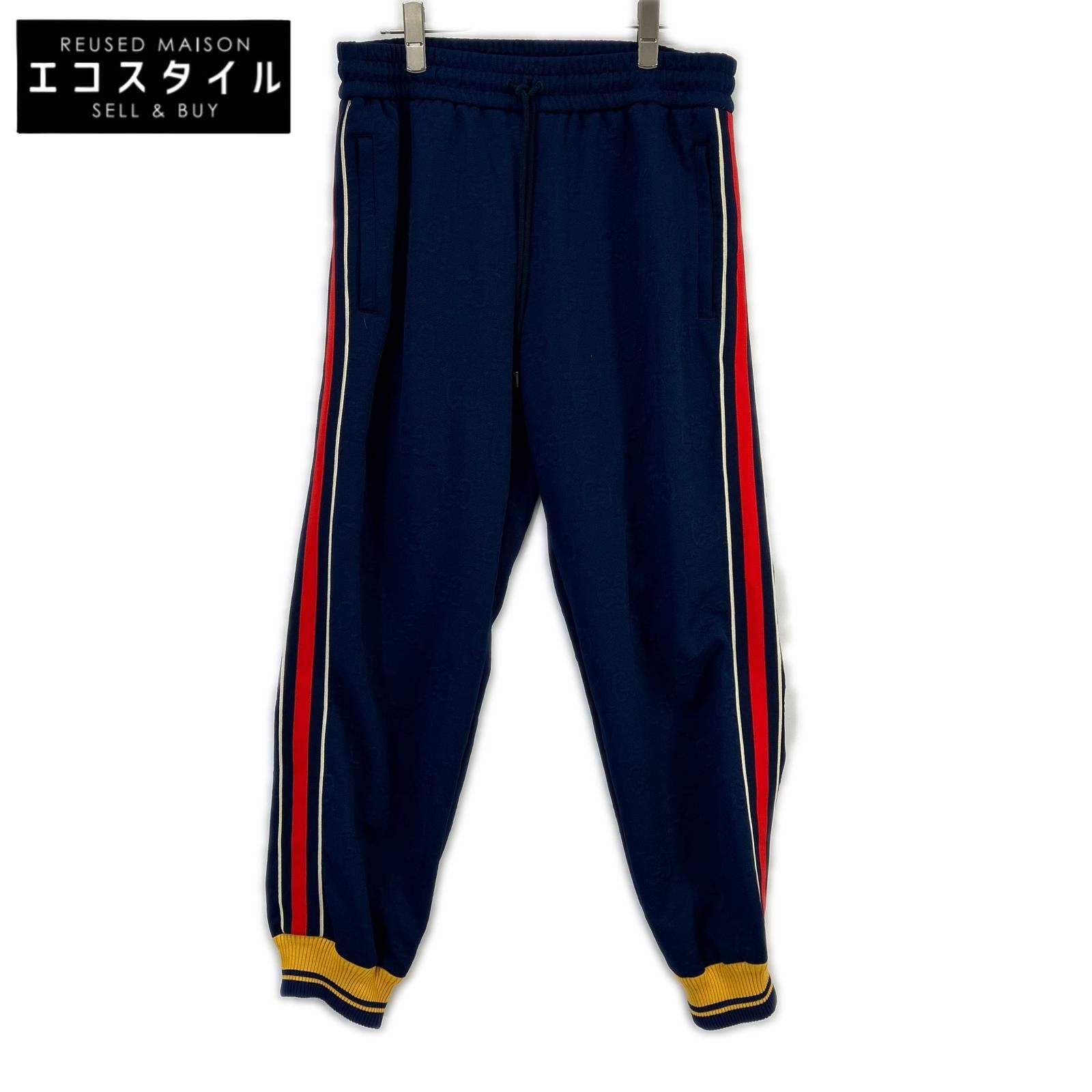 GUCCI　グッチ　675143 ネイビー×イエロー GGロゴ ジャカード トラックパンツ　M